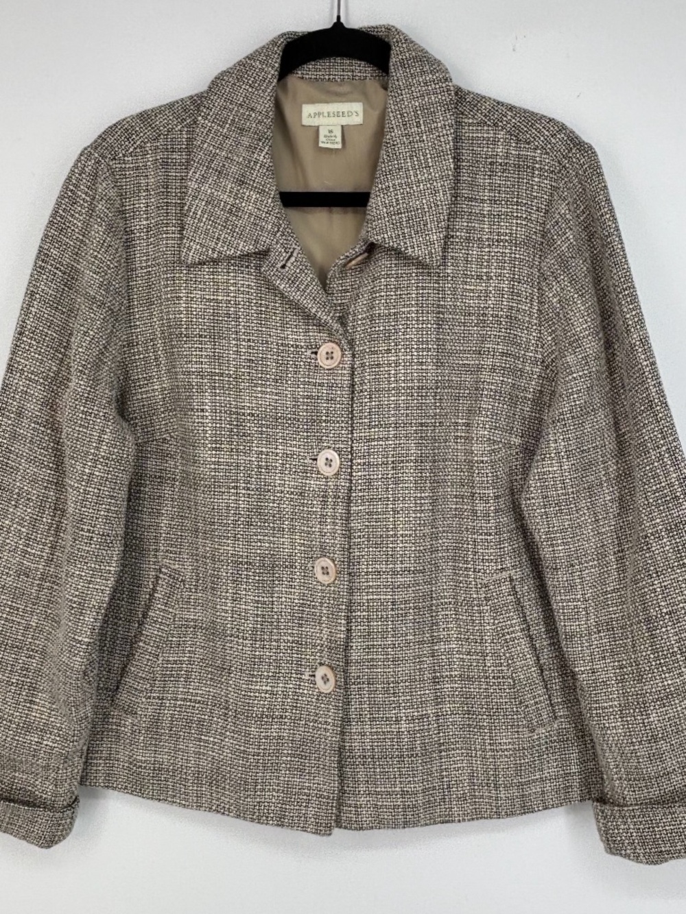 Appleseed's Womens Size 16 Button Front Blazer Jacket Ivory Black Tweed Woven